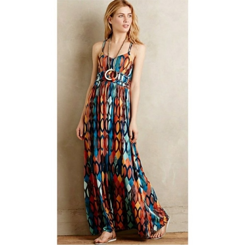 Anthropologie Multicolor Geometric Maxi Dress - Teal, Orange, Navy